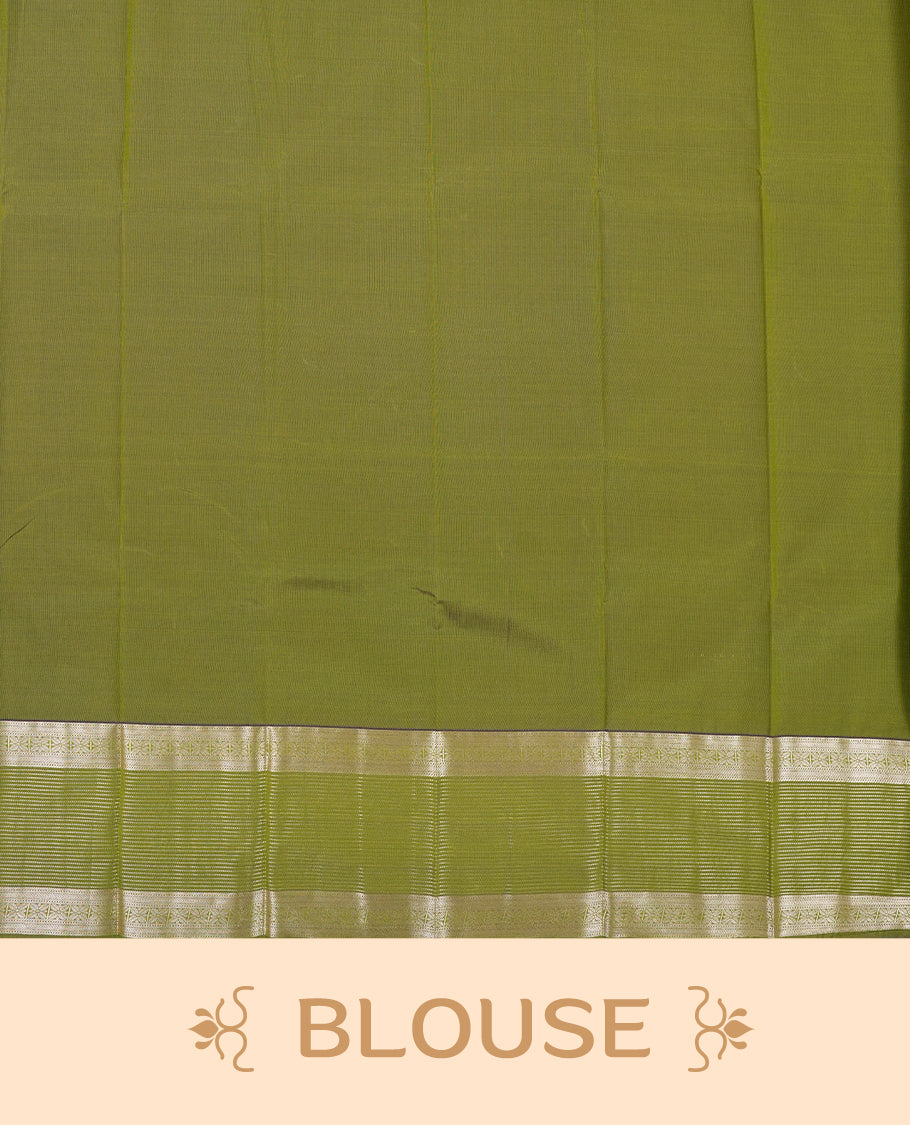 Lemon green Colour Semi Silk Saree with gold zari stripes on the body, paired with a contrasting olive colour pallu and border, and a matching blouse piece.