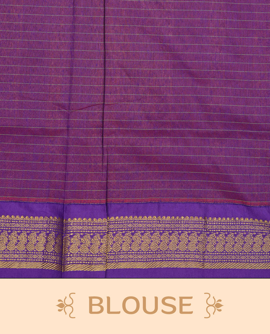 Red colour Kalyani cotton saree featuring Gold zari check pattern on body, complemented by Contrast Purple colour with grand gold zari border & pallu, matching blouse piece