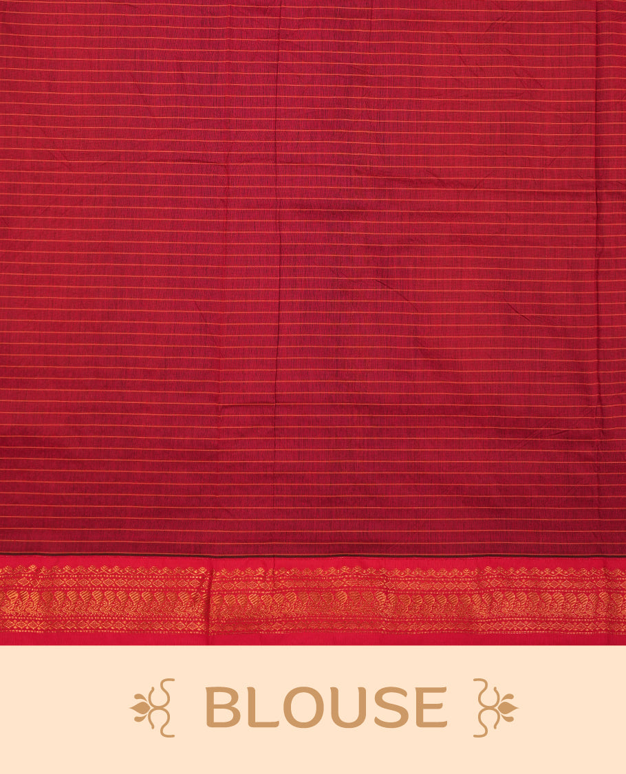 Royal Blue coloured mixed Kalyani cotton saree featuring copper zari checks on the body, complemented by a Dark red coloured border and pallu adorned with copper zari patterns, Paired with a matching blouse.