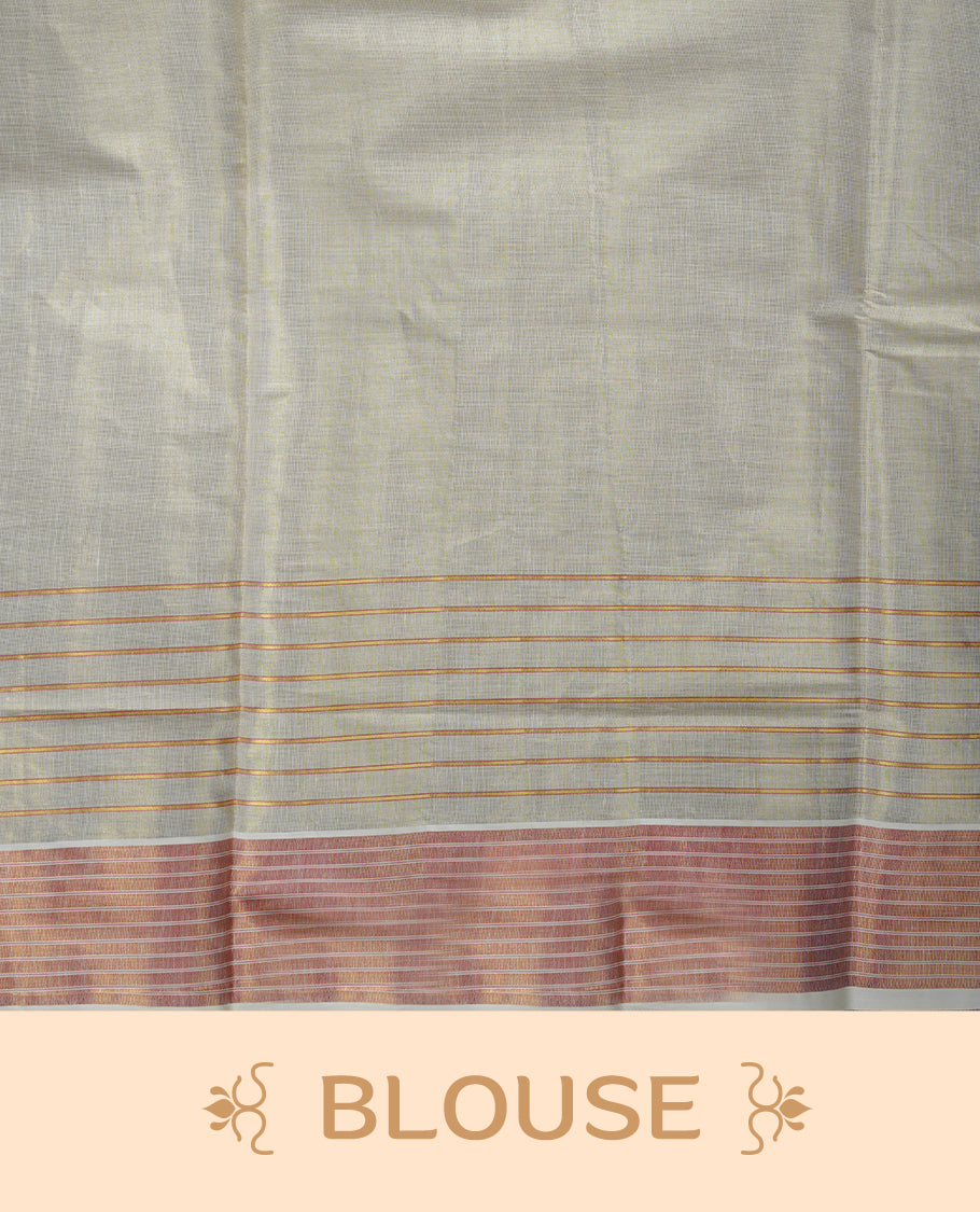 Light gold colour Tissue Kerala saree featuring a Plain body, an intricately woven gold and orange traditional border with floral print and stripes on pallu, paired with a matching blouse.