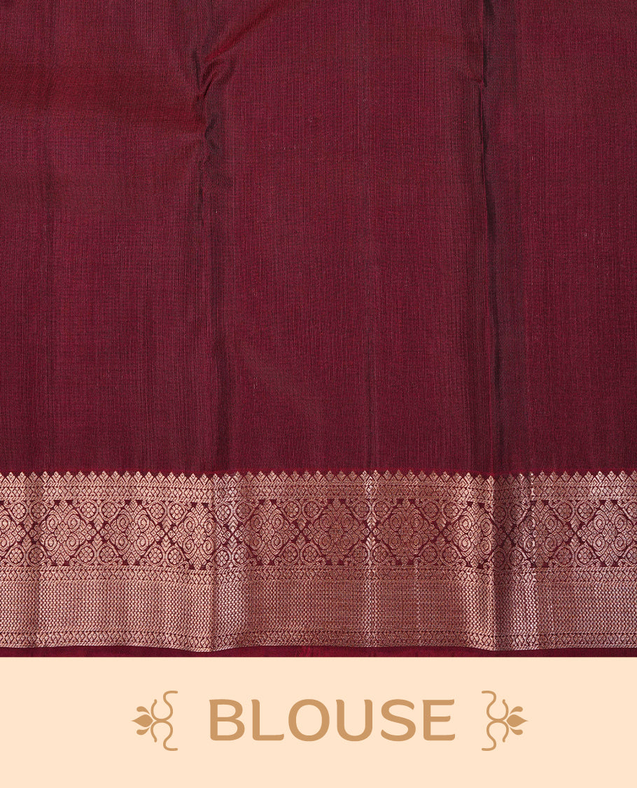 Black Colour Traditional Kancheepuram Slik Saree Featuring Black Check Gold Zari Mango Motifs on the Body, Complemented by a Contrast Maroon Colour Gold Zari Traditional Border and Pallu, Paired with a Matching Blouse .