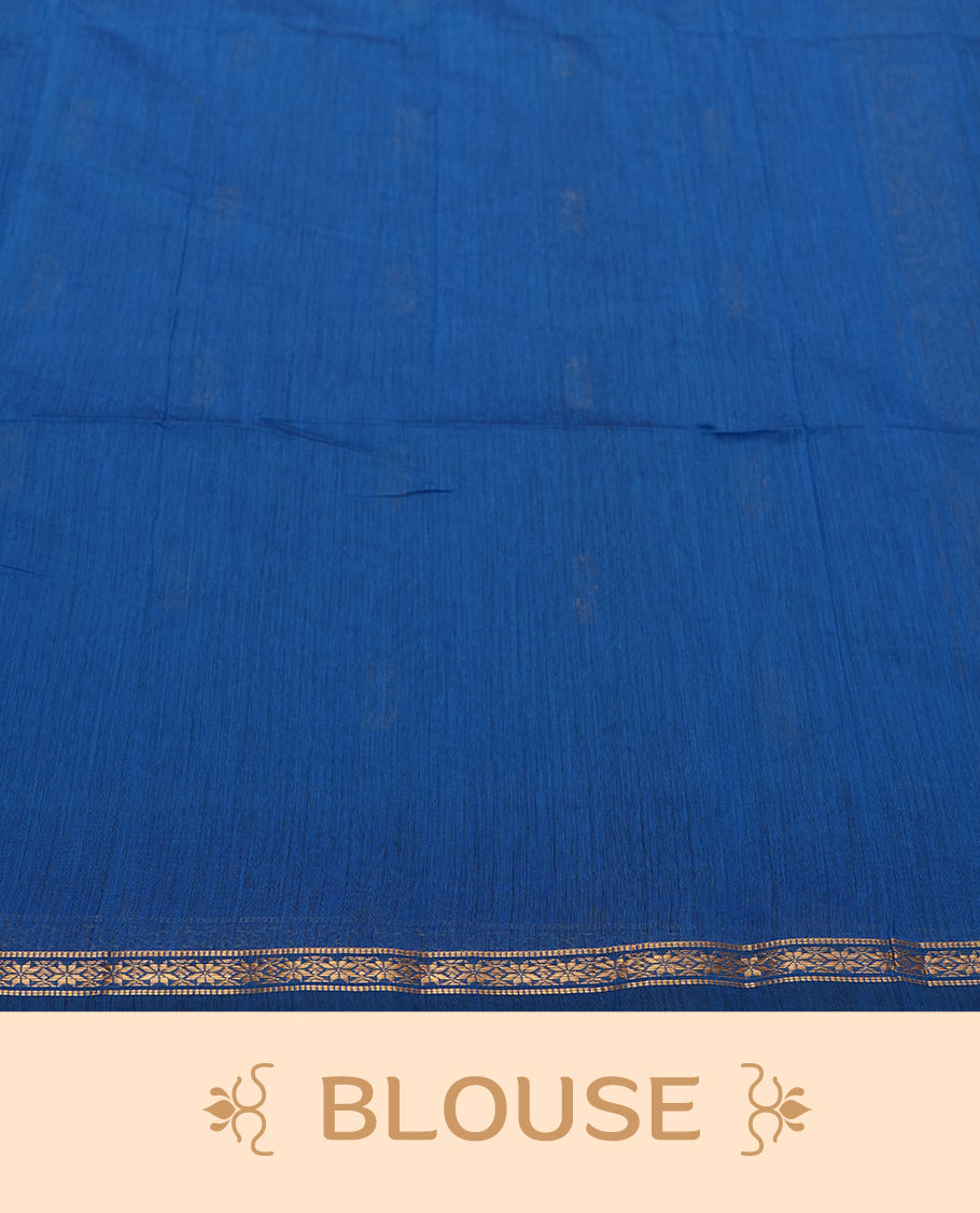 Black and Royal Blue Colour silk cotton saree with gold zari star buttas, blue pallu with zari stripes and buttas, slim antique-gold borders, and a plain blue blouse featuring matching zari edging
