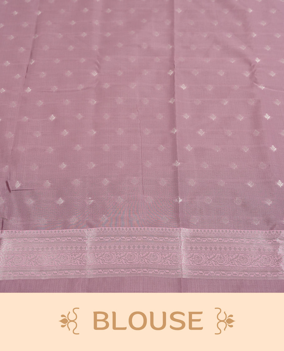 Charcoal Black colour Semi Silk Saree with Silver Zari Floral Self-Weave on the Body, Contrasting Pastel Mauve Zari Woven Pallu and Border with Intricate Geometric Motifs and Tassels, Paired with Coordinated Blouse Piece