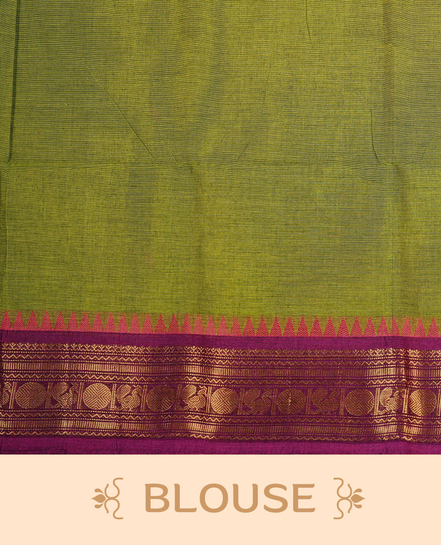 Lemon colour Chettinad cotton saree featuring Magenta Motifs, complemented by contrast magenta with gold zari border, paired with matching blouse piece.