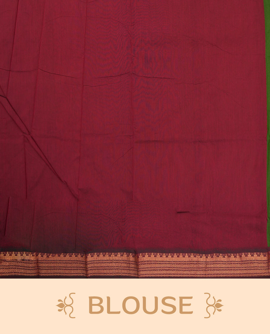 Olive green colour Kalyani Cotton saree with maroon border and temple motifs on pallu, adorned with copper zari motifs and intricate weaving & Comes with a matching blouse piece.
