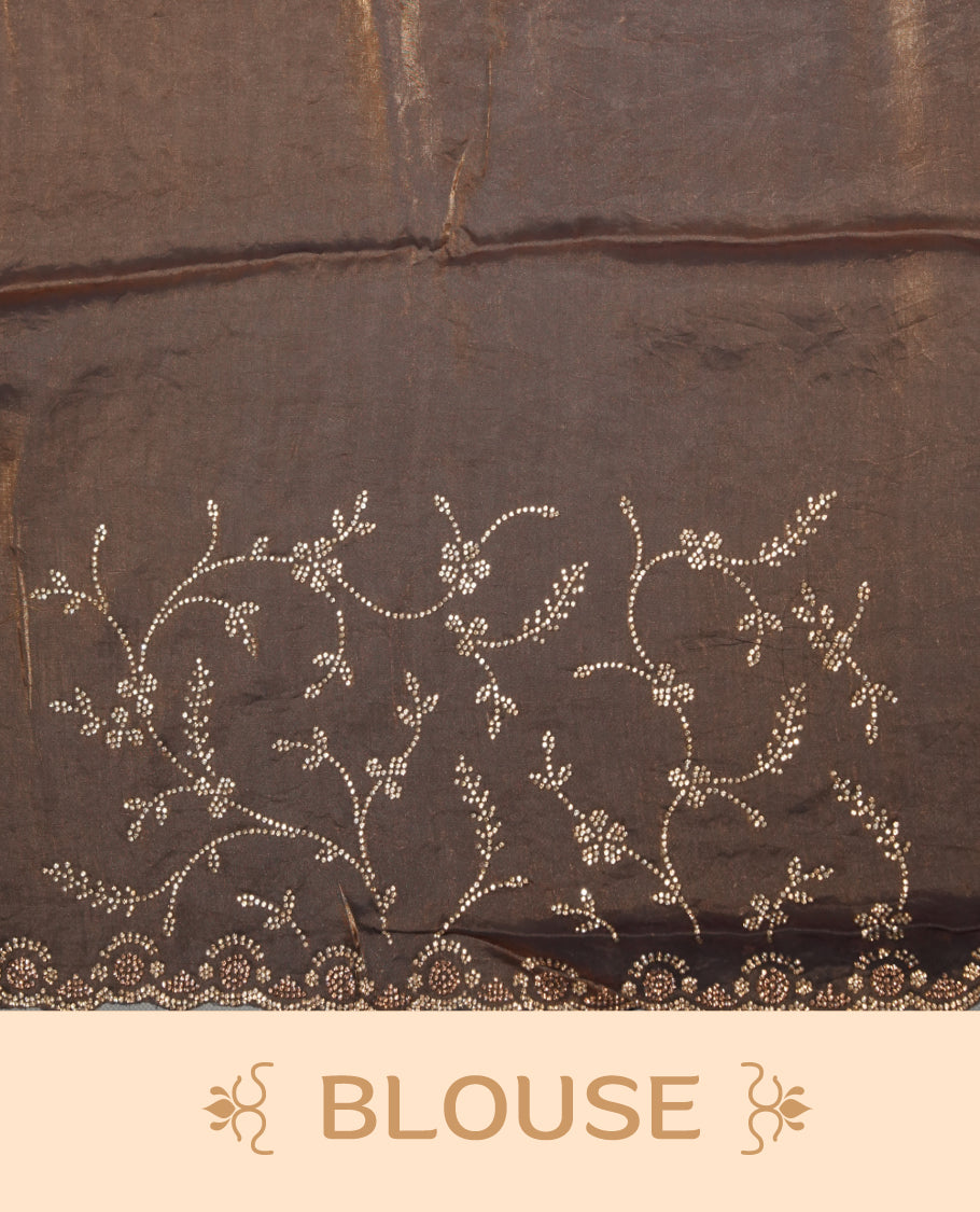 Antique Gold Colour Chiffon Designer Saree featuring Delicate White Stone Work All Over the Body, with Stone Detailing on the Border and Pallu, paired with a Matching Blouse.