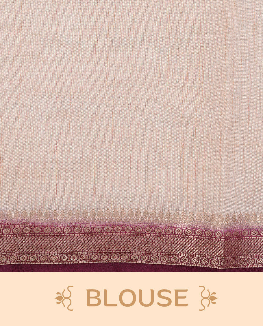 Cream colour Tussar silk saree featuring Elegant Plain body, complemented by Contrast Grape colour with gold zari border, paired with matching blouse piece.