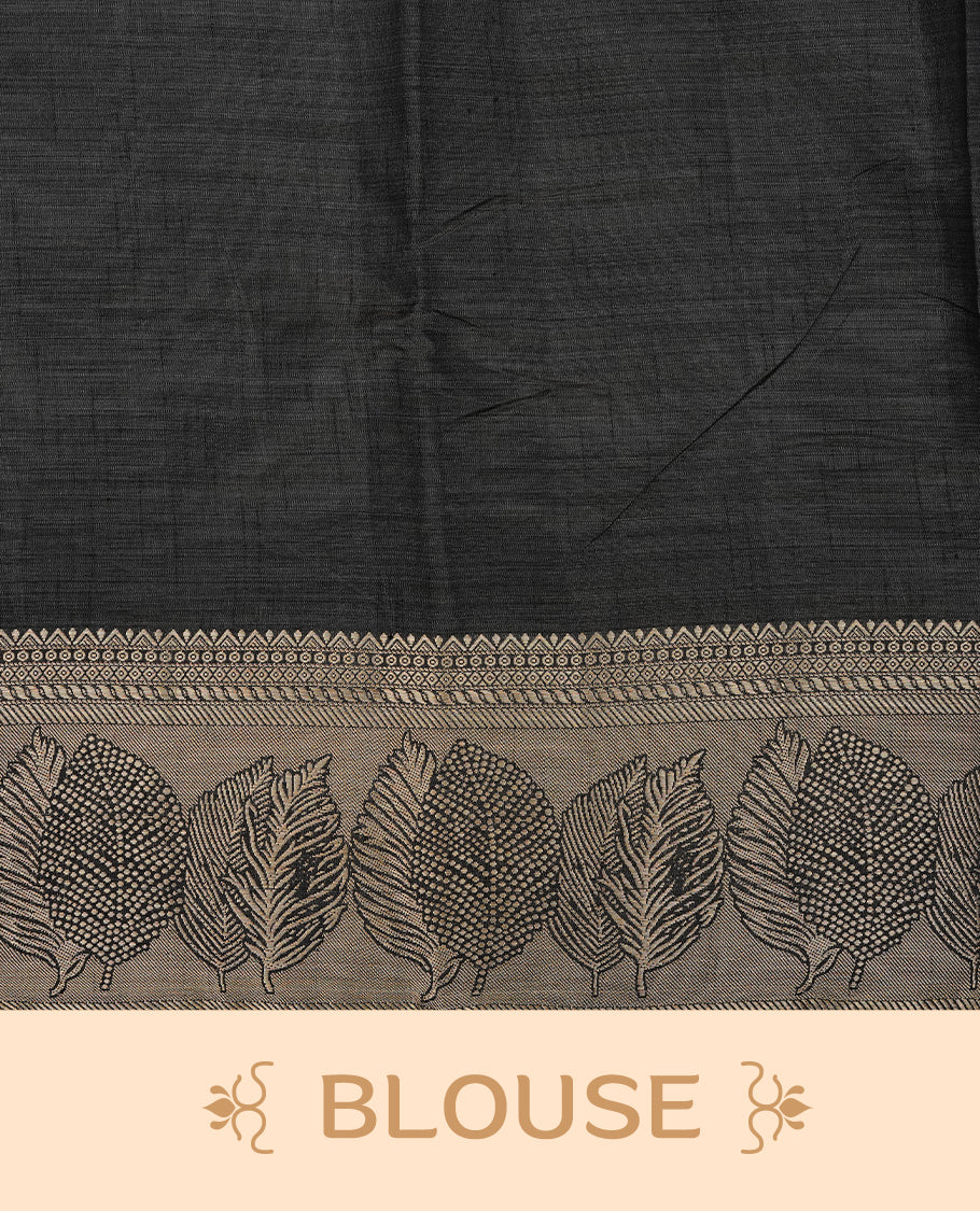 Blackish Grey colour semi tussar silk saree featuring an elegant plain body with traditional gold zari detailed border for a refined look. Comes paired with a matching blouse piece.