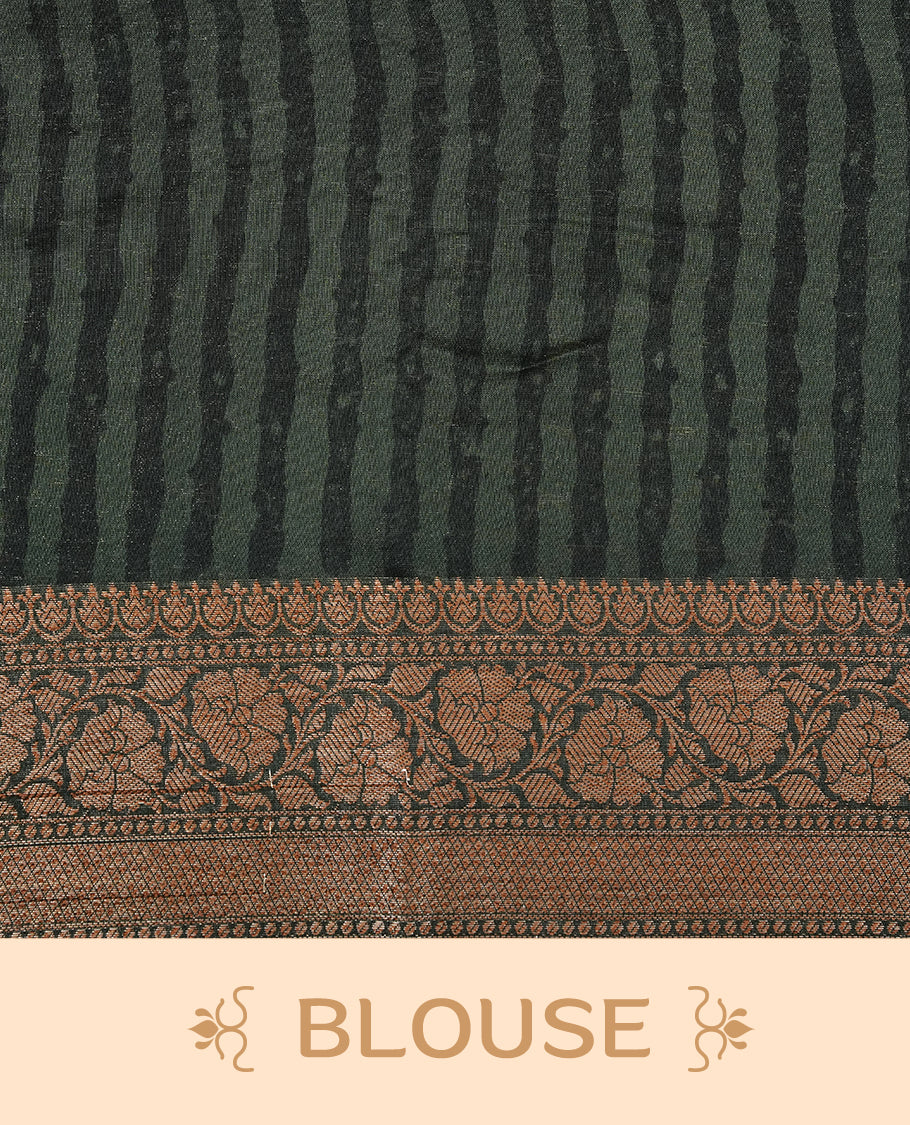 Beige Colour Chanderi silk saree featuring Block print on body, complemented by Contrast Dark Green colour with Antique zari border, paired with matching blouse piece.