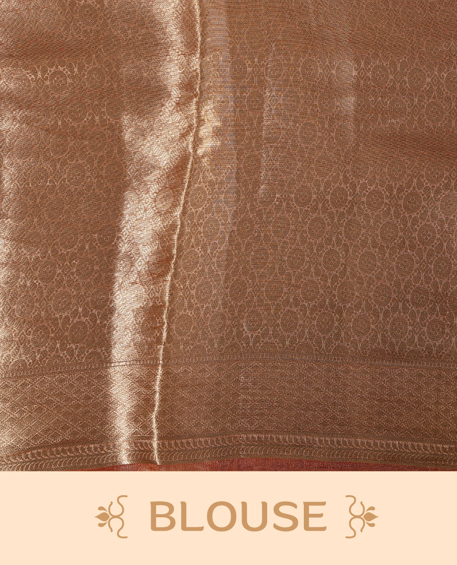Orange & gold double shade pure banaras tissue silk saree featuring gold zari pattern on body, complemented by orange piping with traditional border, paired with matching blouse piece.