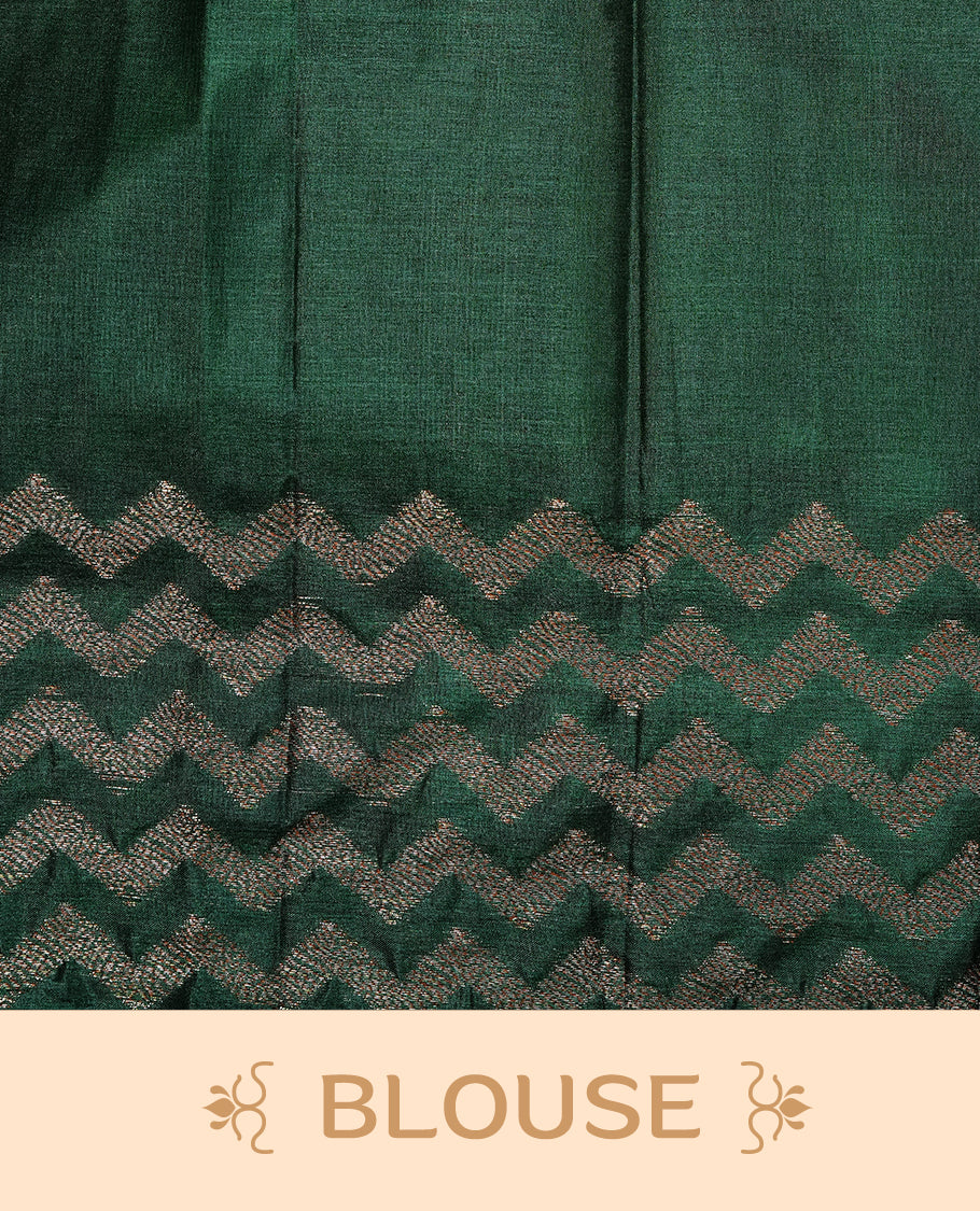 Pastel Green Colour Tussar silk saree featuring Antique Zari motifs on body, Finished with contrast Green colour Zigzag zari pattern border, paired with matching blouse piece.