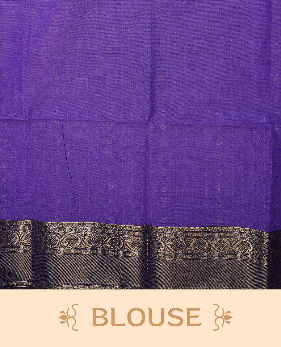 Violet colour chettinad cotton saree featuring Stripes on body, complemented by Contrast Purple Colour With Gold Zari border, paired with matching blouse piece.