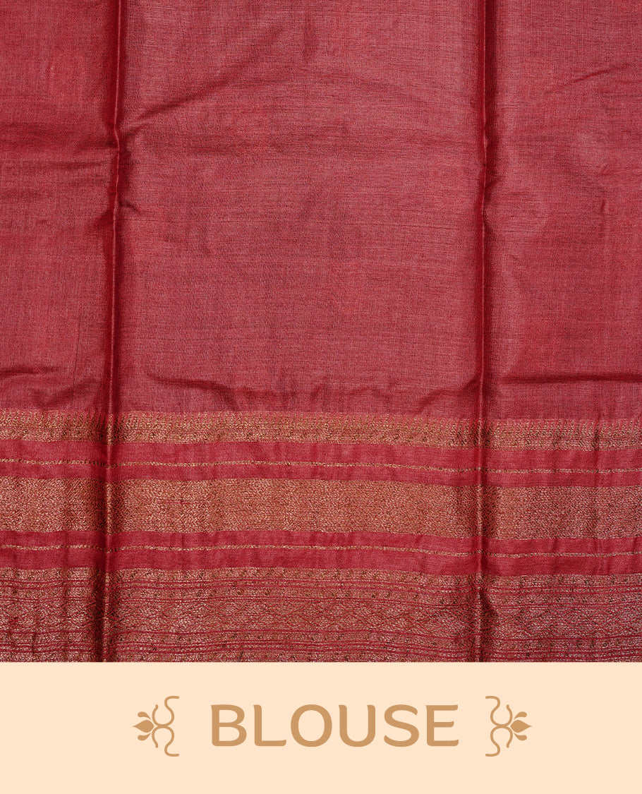 Green colour Pure Banaras Tussar silk saree Featuring Gold zari buttas on body, complemented by Contrast Red colour with zari border, paired with matching blouse piece.