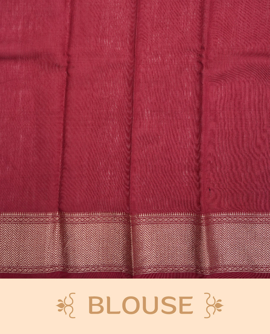 Brick Red colour Viscos semi printed saree featuring a light golden zari border, abstract off white printed motifs on the body, and comes with a matching blouse