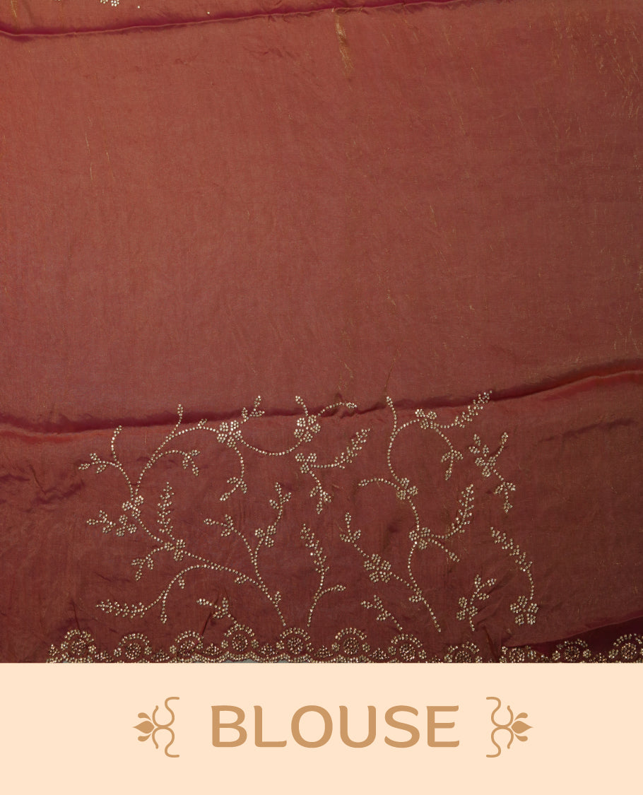 Brown and Magenta Double Shade Colour Chiffon Designer Saree featuring Delicate White Stone Work All Over the Body, with Stone Detailing on the Border and Pallu, paired with a Matching Blouse.