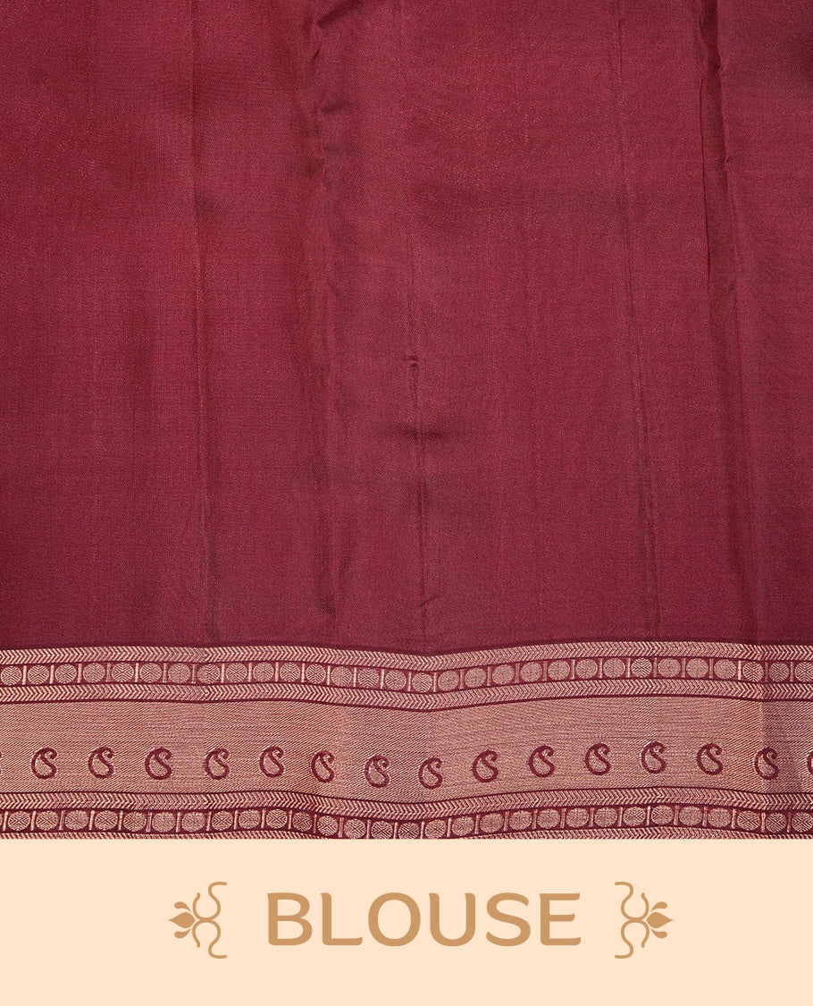 Olive Colour Traditional Kancheepuram Silk Saree Featuring Gold Zari Mango Motifs on the Body, Complemented by a Contrast Maroon Colour Gold Traditional Border and Pallu, Paired with a Matching Blouse .