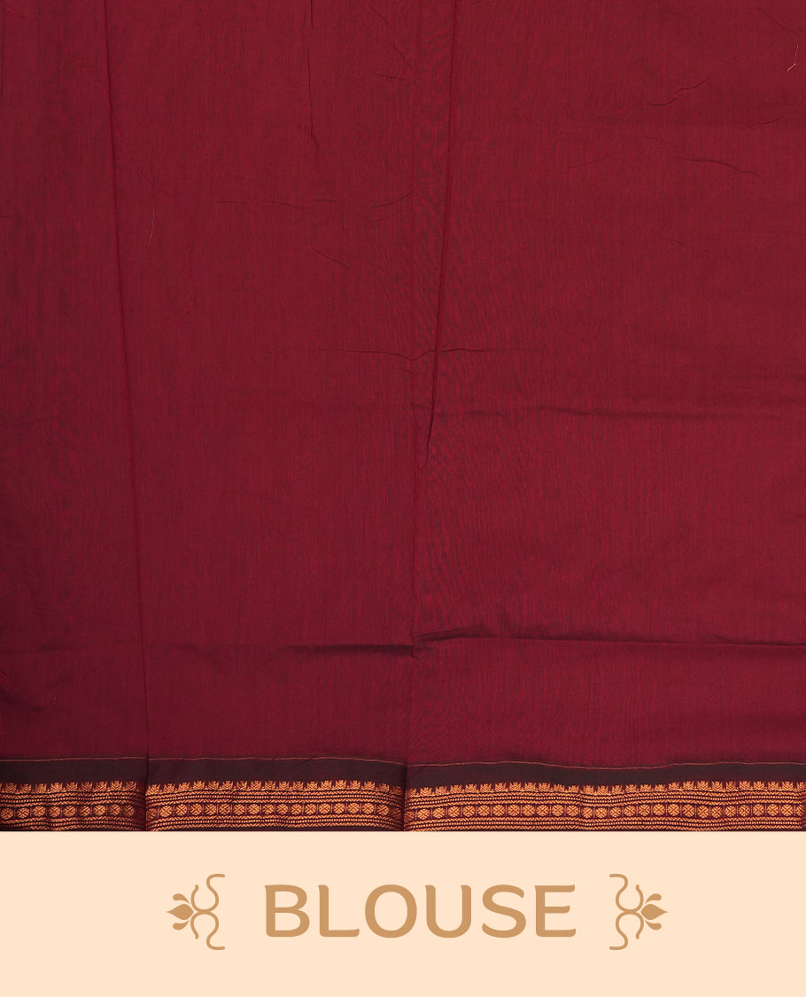 Grey colour Kalyani Cotton saree in deep maroon with golden motifs, paired with a contrasting maroon border featuring intricate zari work & Comes with a matching blouse piece.