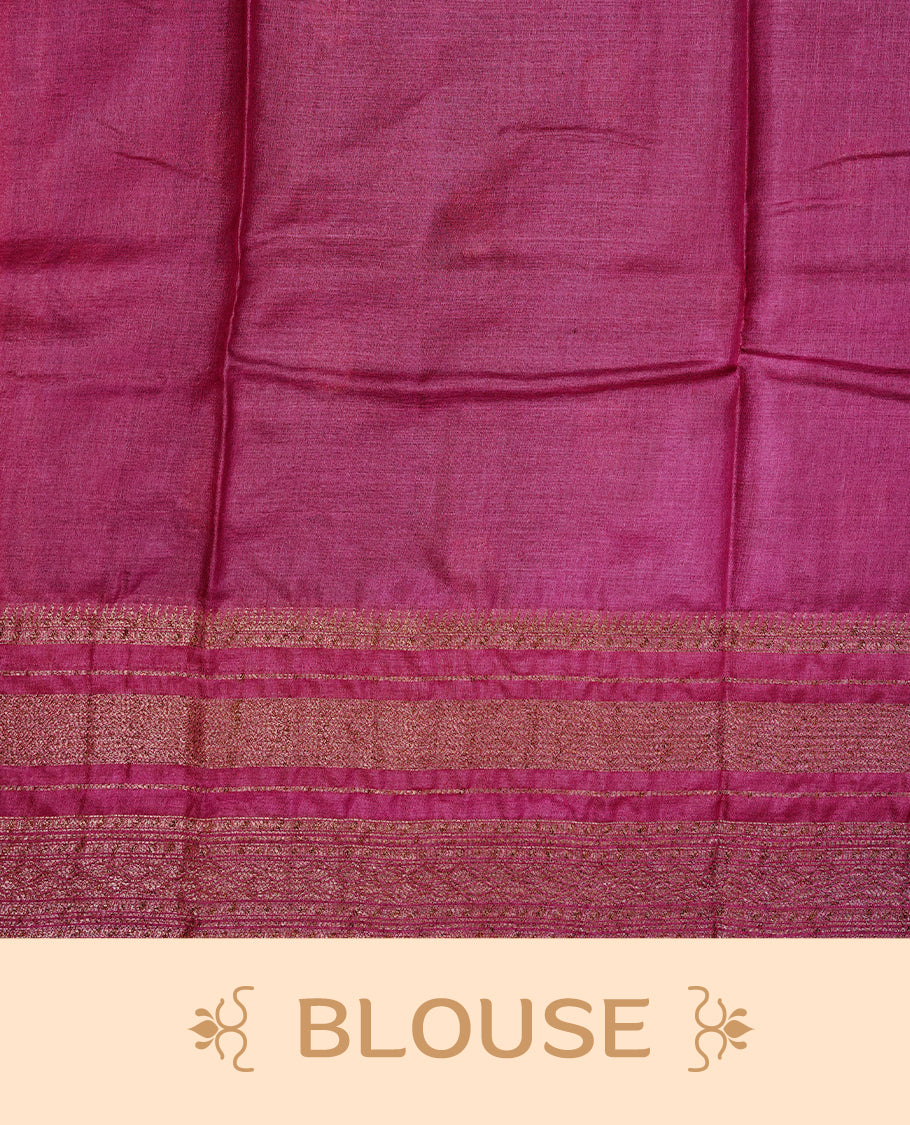 Blue colour Pure Banaras Tussar silk saree Featuring Gold zari buttas on body, complemented by Contrast Magenta colour with zari border, paired with matching blouse piece.