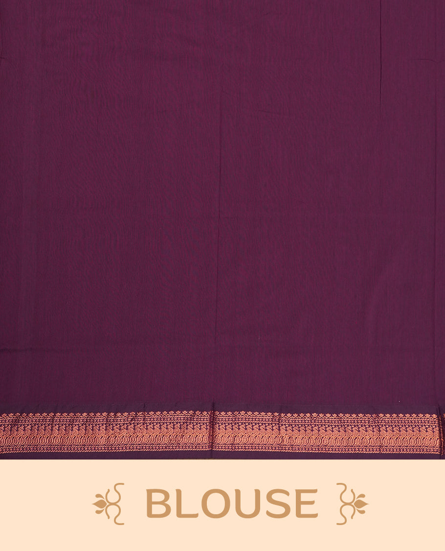 Lemon green colour Kalyani Cotton saree with delicate woven zari golden motifs all over, paired with a contrasting wine border and pallu intricately woven with rich zari & Comes with a matching blouse piece.