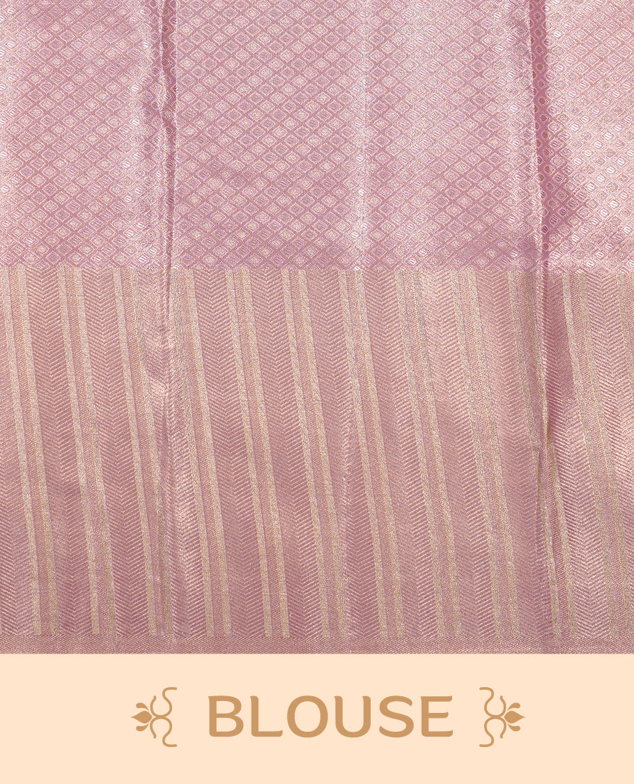 Golden green colour Tissue silk saree featuring Pink colour floral zari motifs on body, complemented by contrast Light Pink zari border, paired with matching blouse piece.