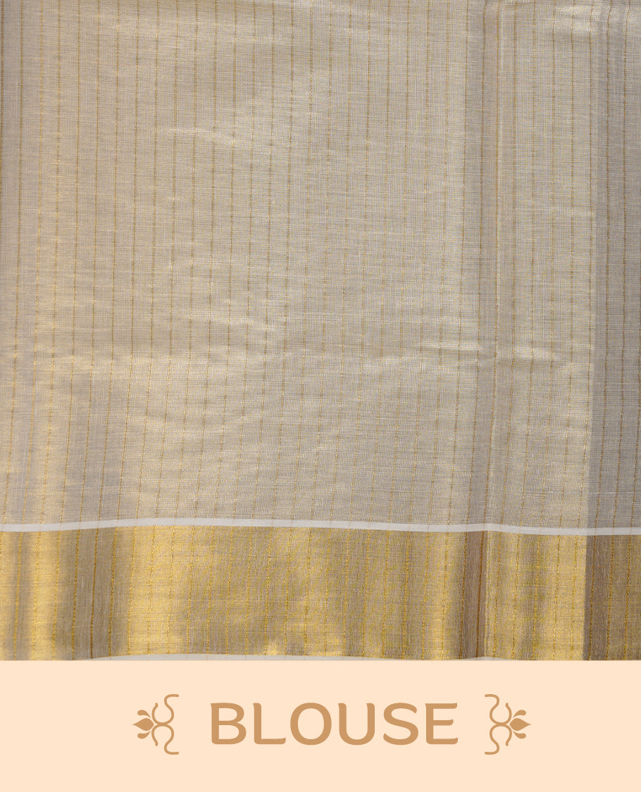 Off-white colour tissue Kerala saree with a timeless gold kasavu border, featuring a subtle striped weave across the body and pallu, paired with a matching blouse.