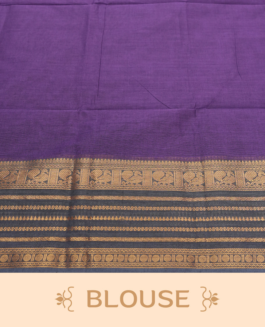 Royal Purple colour Silk Cotton Saree with Antique Gold Zari Border Showcasing Peacock Motifs and Geometric Stripes, Simple Body, Rich Pallu with Gold Stripes, and a Coordinated Matching Blouse Piece