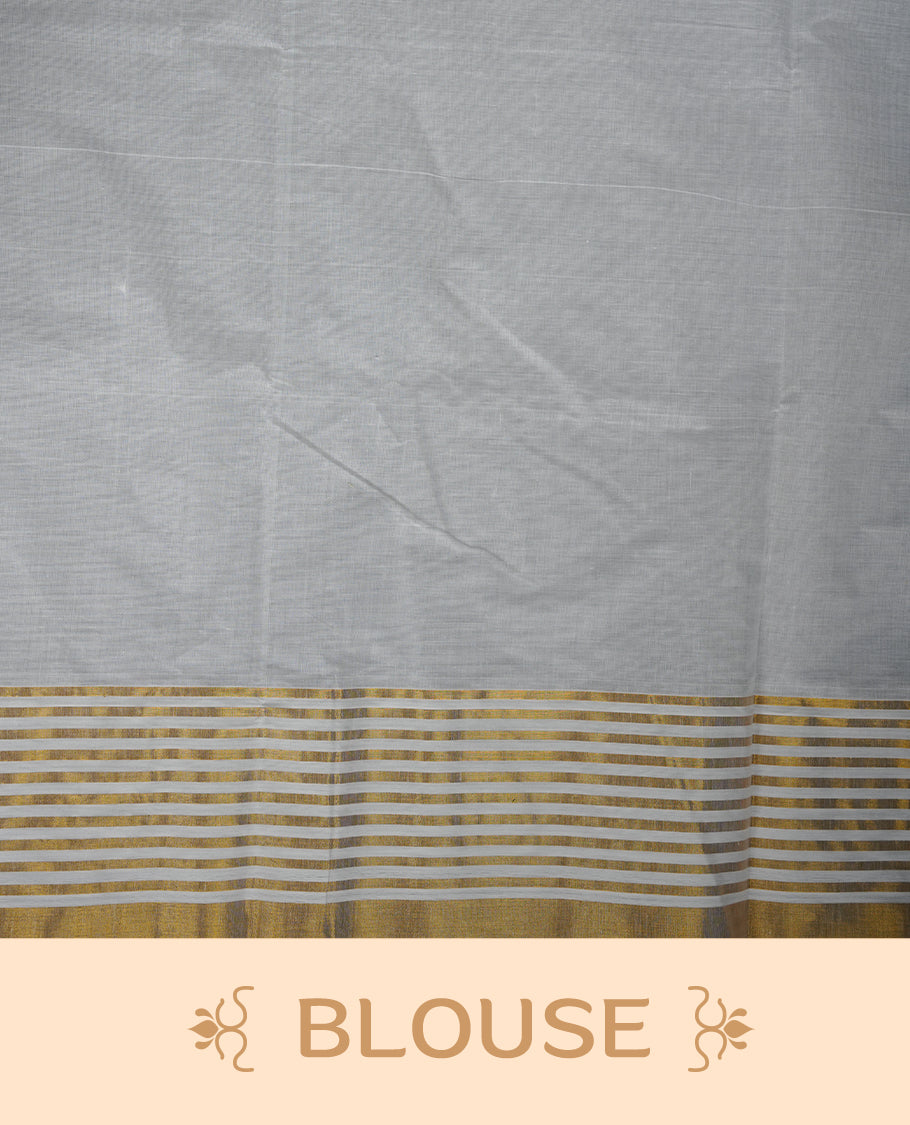 Off white cotton Kerala saree with a plain body, striped golden zari border, and traditional pallu, paired with a matching blouse.