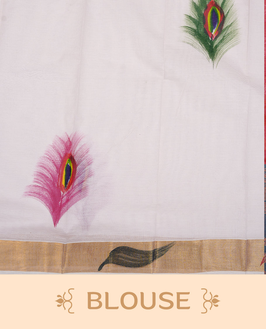 Light pink colour Semi silk saree Featuring Peacock Feather print on body, complemented by Self colour with gold zari border, paired with matching blouse piece.