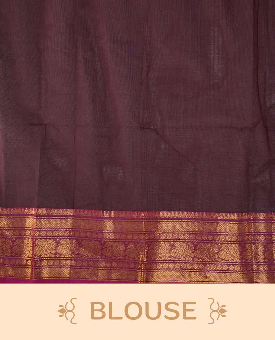 Maroon colour chettinad cotton saree featuring elegant plain body, complemented by contrast magenta colour with gold zari border, paired with matching blouse piece.