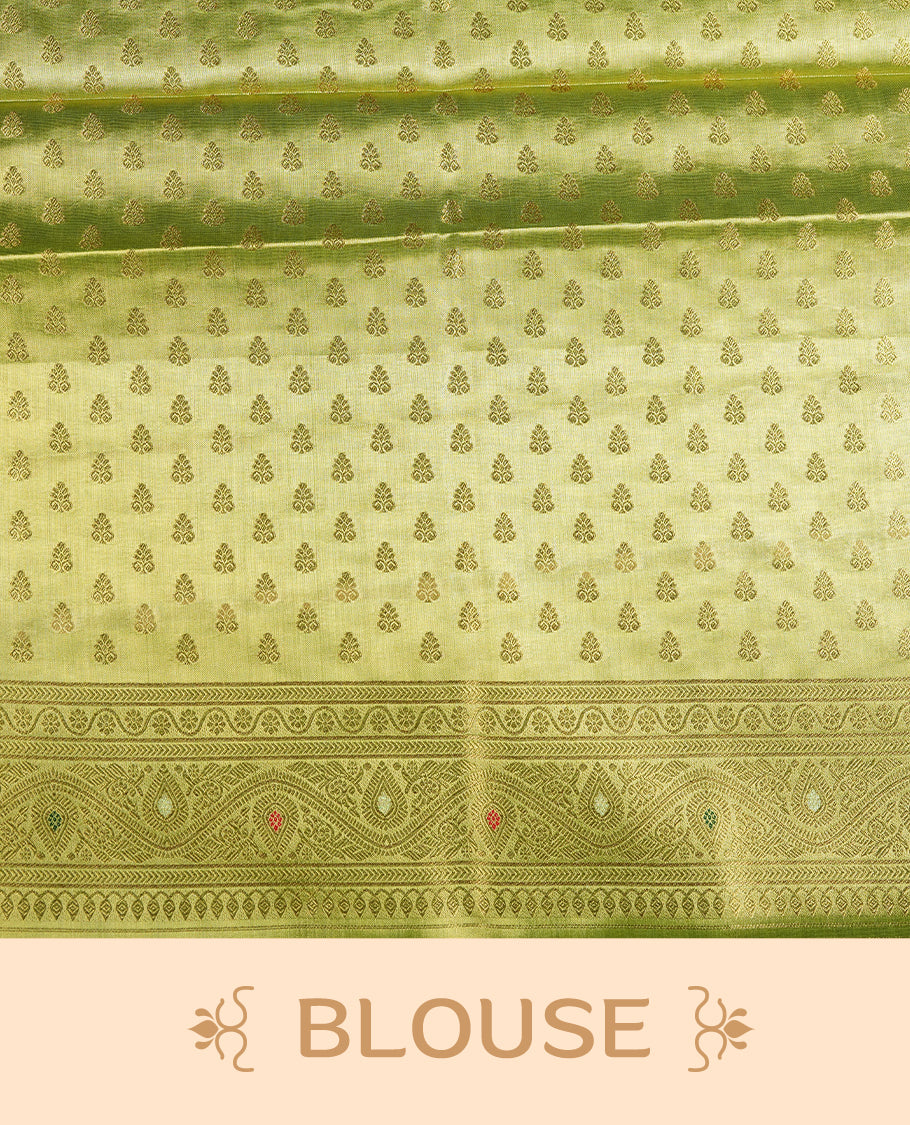 Green & Gold double shade colour tissue banaras silk saree featuring antique gold zari motifs on the body with rich traditional zari border and pallu, paired with a matching blouse piece.