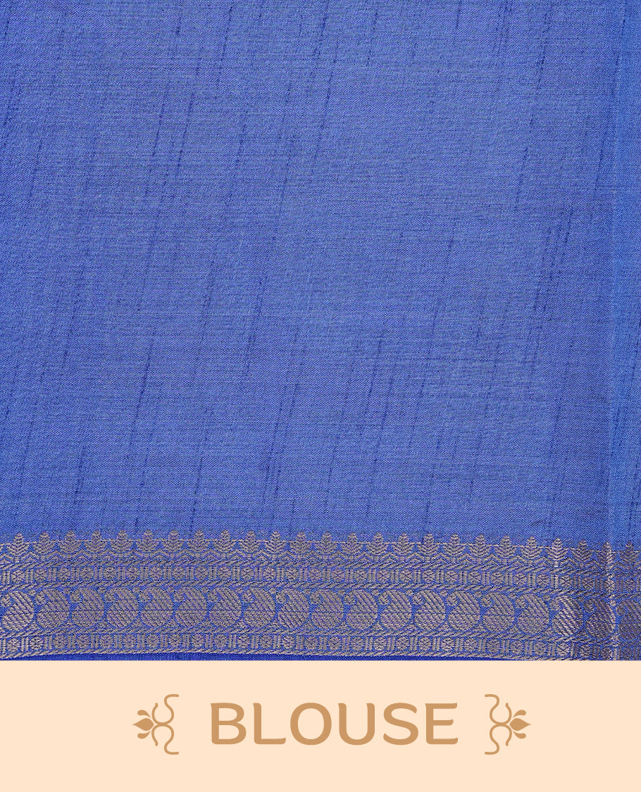Cream colour Tussar silk saree Featuring Elegant Plain body, complemented by Contrast blue colour with gold zari border, paired with matching blouse piece.