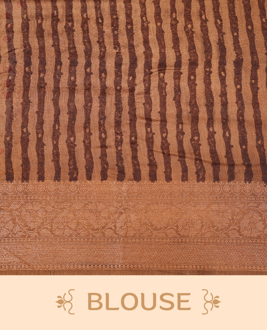 Beige Colour Chanderi silk saree featuring Block print on body, complemented by Contrast Dark Olive colour with Antique zari border, paired with matching blouse piece.