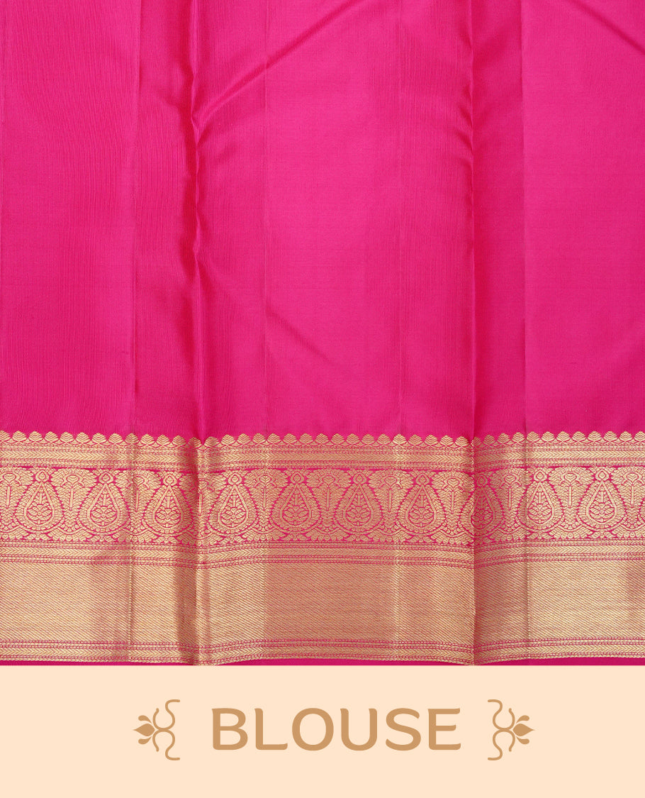 Magenta colour pure wedding silk saree featuring gold zari box Designed pattern on body, comeplemented by self colour with traditional border, comes with matching blouse piece.