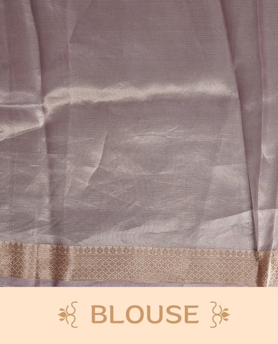 Lavender & gold double shade pure banaras tissue silk saree featuring gold zari floral & stripes on body, complemented by gold zari border, paired with matching blouse piece.