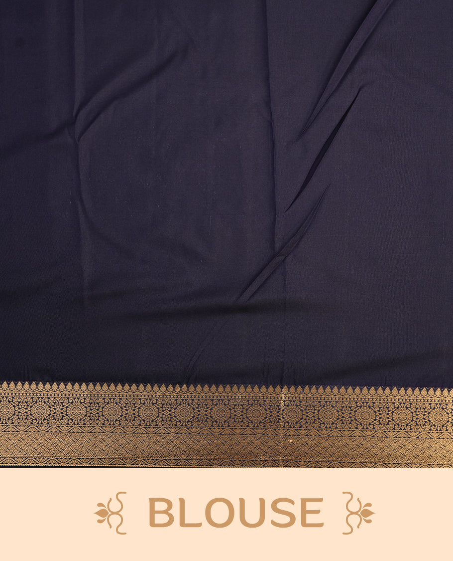 Magenta colour semi wedding saree featuring gold zari check with motifs on body, contrast Navy blue colour with traditional border, paired with matching blouse piece.