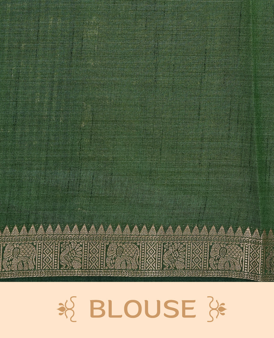 Cream colour Tussar silk saree Featuring Elegant Plain body, complemented by Contrast Dark green colour with gold zari border, paired with matching blouse piece.
