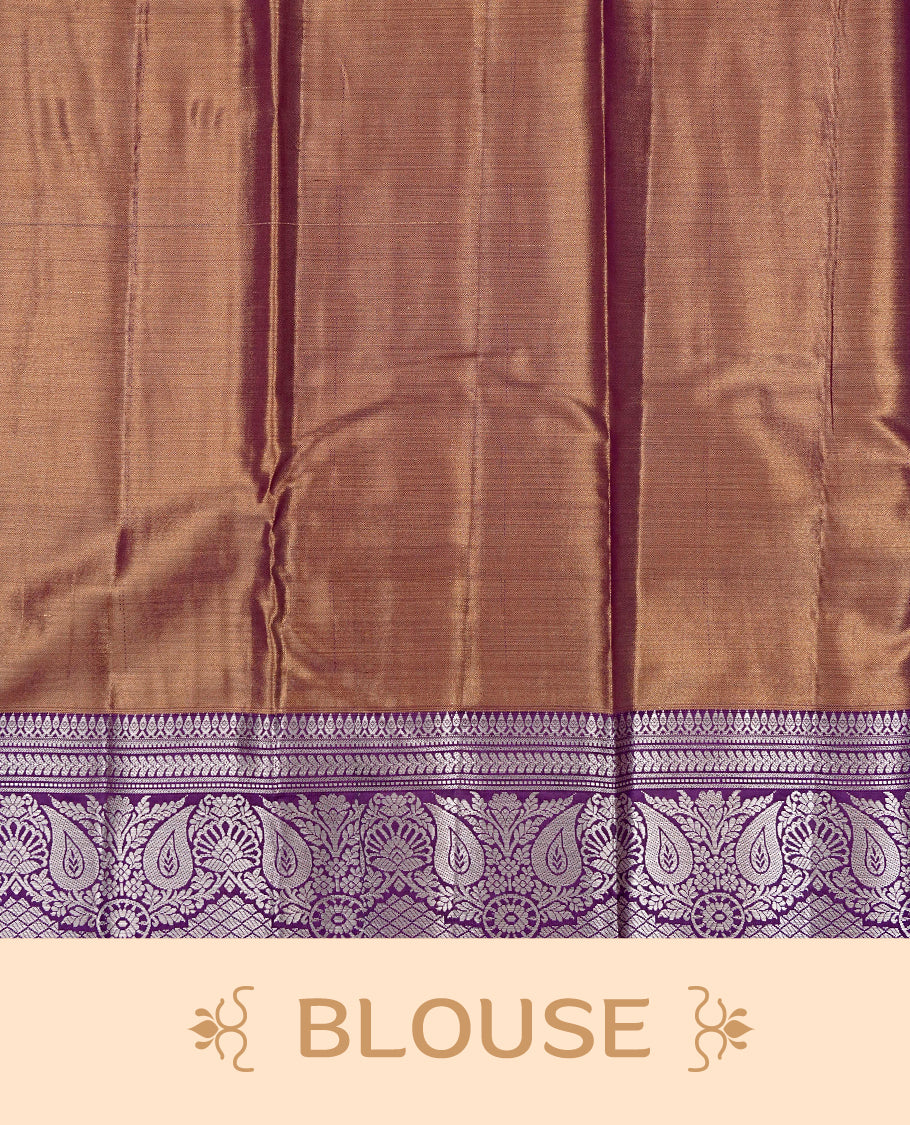 Yellow colour Semi tissue silk saree featuring Light gold zari kodi floral motifs on body, Contrast Brown colour with traditional border, paired with matching blouse piece.