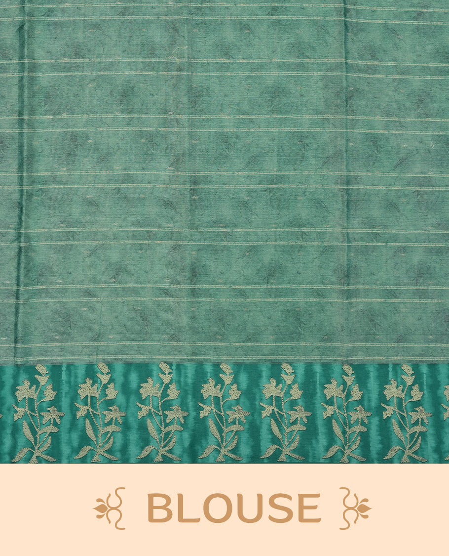 Light Aqua green colour semi tussar saree adorned with Cream strip printed pattern across the body and Floral pattern contrast Aqua green colour on border, paired with a matching blouse.