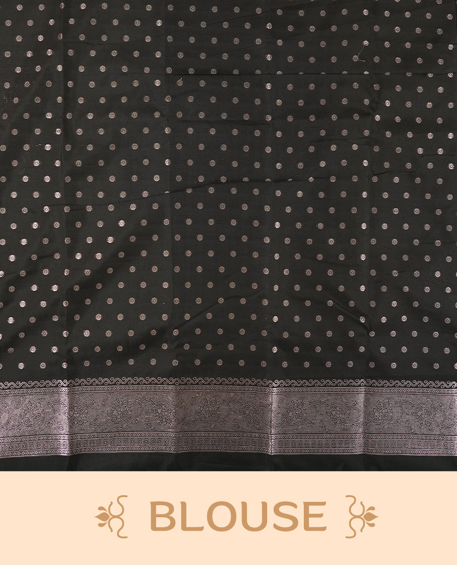 Black Semi Silk Saree with Silver Zari Floral Woven Pallu and Border, Subtle Zari Butta Motifs on the Body, Tassel Detailing, and Coordinated Blouse Piece
