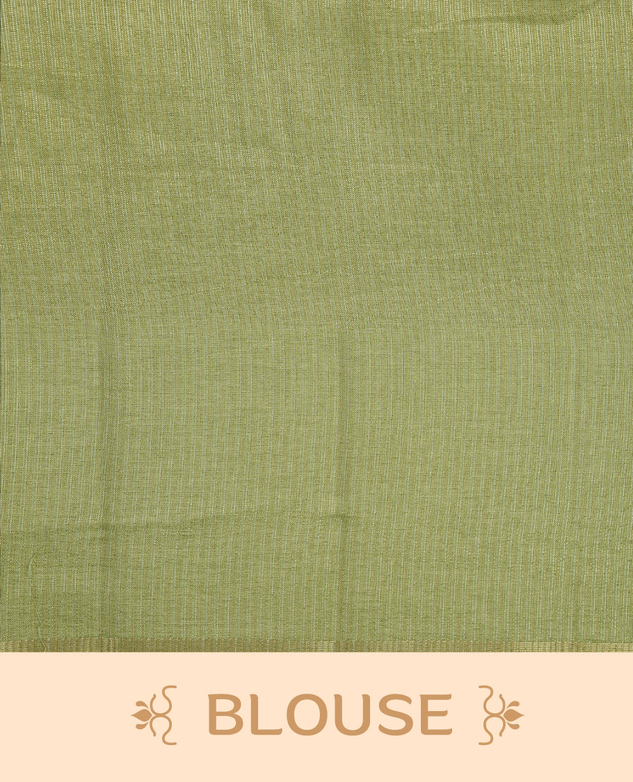 Pastel green colour semi tussar silk saree highlights gold and silver zari stripes across body, border, pallu and paired with matching blouse piece.