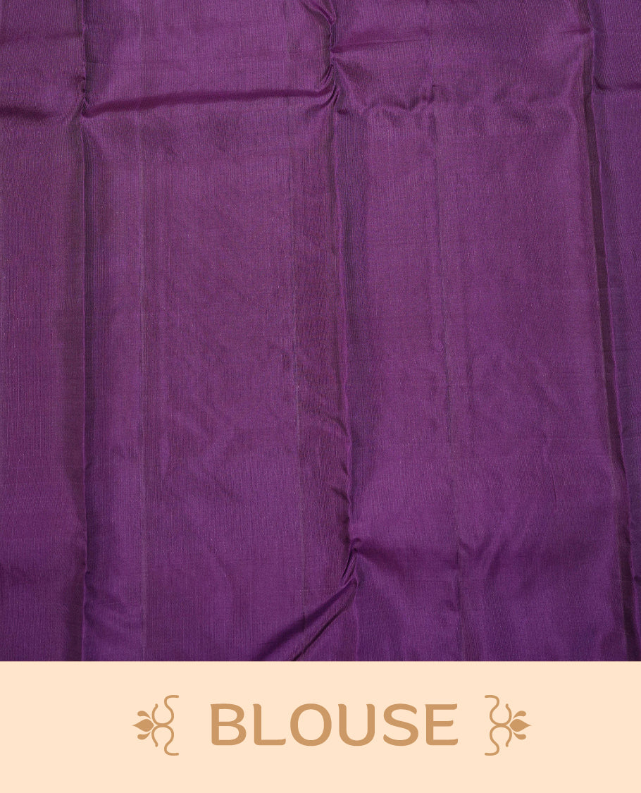 Dark Purple Colour Traditional Kancheepuram Silk Saree Featuring Copper Zari Diamond Motifs on the Body, Designed Without a Border and with a Grand Pallu, Paired with a Matching Blouse.
