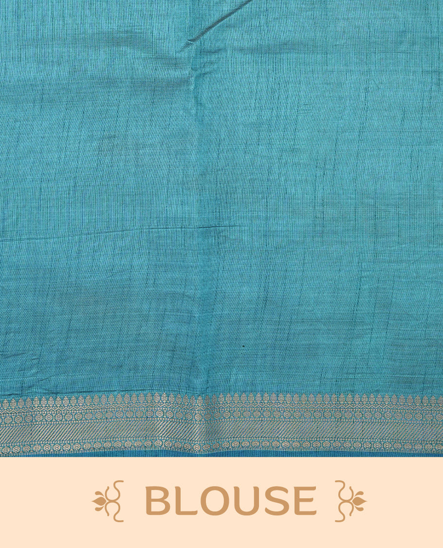 Light gold Colour Tussar saree featuring elegant plain body, complemented by contrast Blue colour with zari work border, comes with matching blouse piece.