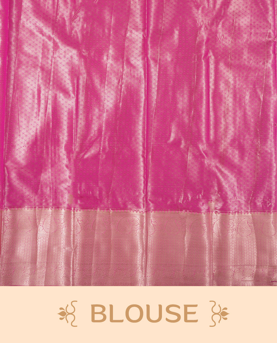 Pink colour and rose gold Zari Tissue Brocade Saree features intricate floral Motifs on body and self coloured border and traditional pallu, paired with matching blouse