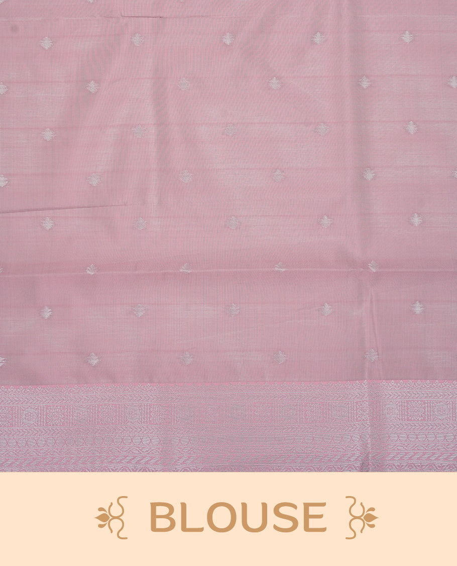 Aqua colour semi silk saree featuring Silver zari Floral pattern on body, complemented by contrast peach colour with silver zari border, comes with matching blouse piece.