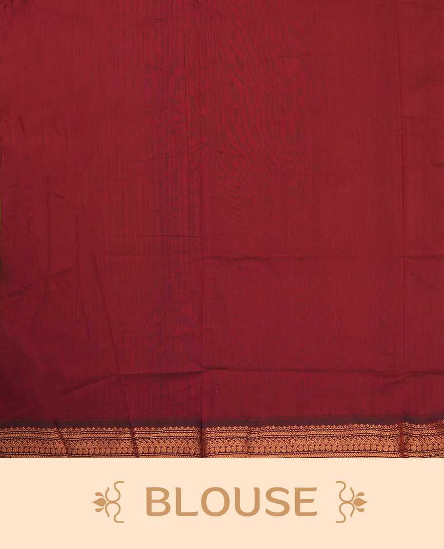 Lemon green colour Kalyani Cotton saree with rich maroon border and pallu, featuring copper zari motifs, small floral motifs on the body, and intricate weaving & includes a matching blouse piece.