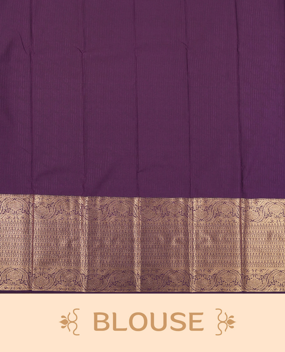 Double shade blue colour Semi Silk Saree with a gold dotted striped body and a self coloured traditional border, paired with a contrasting purple pallu and a matching blouse piece