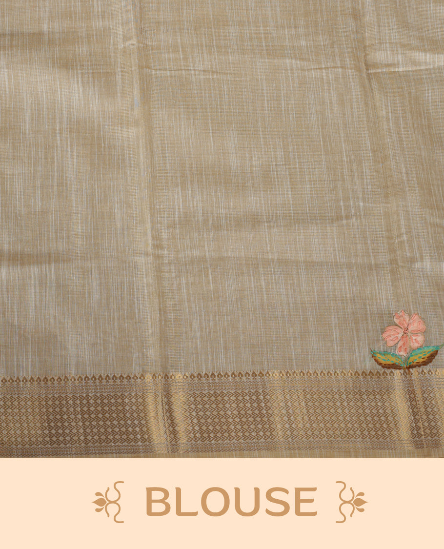 Beige colour Banarasi linen silk saree featuring hand brushed colour with Floral & birds printed pattern on body, gold zari woven geometric design border with self colour pallu and comes with a matching blouse
