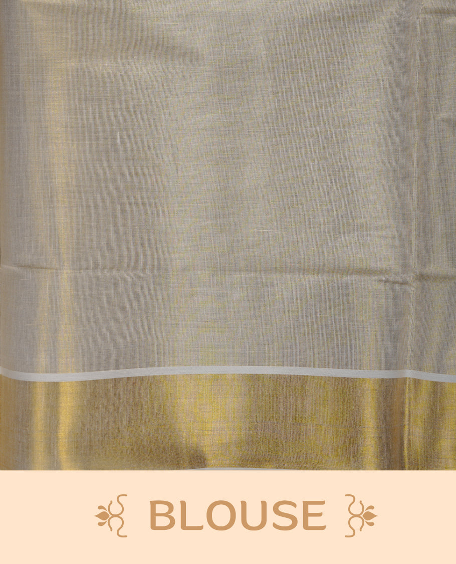 Off-white colour tissue Kerala saree featuring a classic gold kasavu border, highlighted with elegant green leafy and floral motifs across the body and pallu, and paired with a matching blouse.