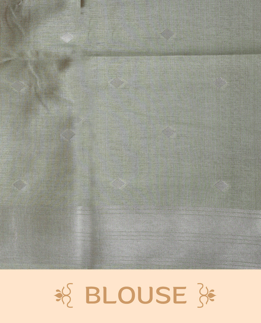 Gray and silver colour dual tone semi tussar saree featuring woven abstract geometric motifs on the body, complemented by a ikat inspired contrast olive patterned pallu, paired with a matching blouse.