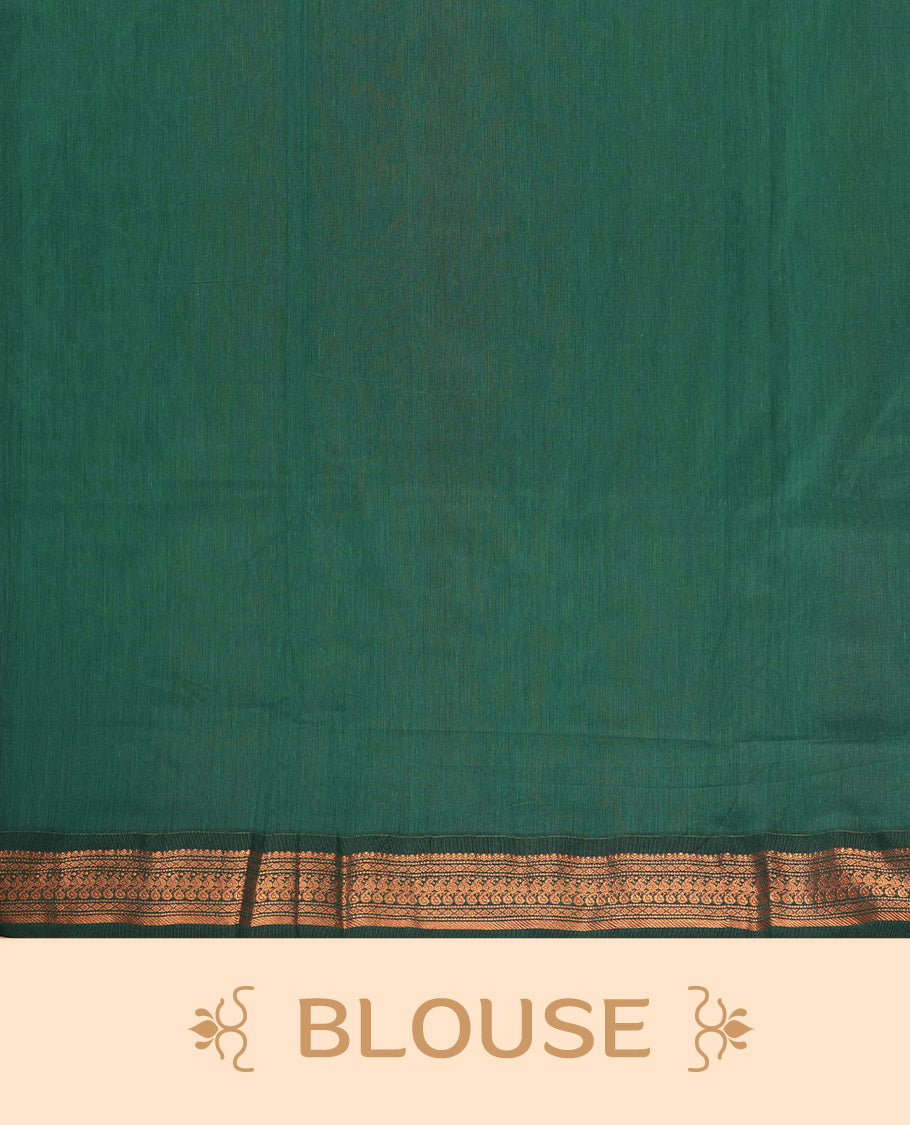 Bronze Orange colour Kalyani cotton saree with intricate small motifs all over, paired with a contrasting dark green rich zari woven border and pallu & Comes with a matching blouse piece